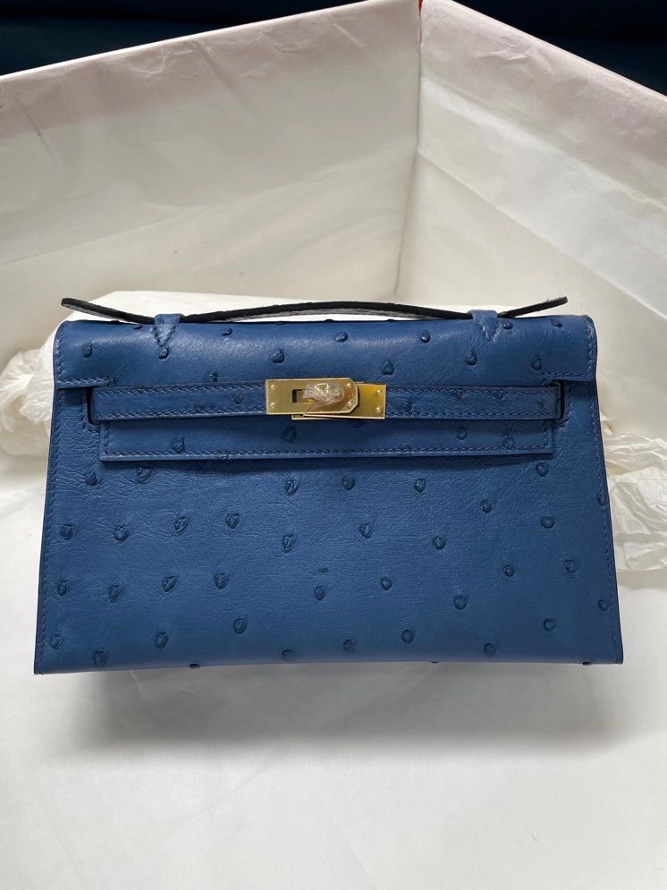 Hermes Mini Kelly Pochette 22cm Bag In Blue Thalassa Ostrich Leather